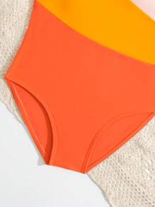 SHEIN Tween Girl Summer Beach Colorblock Asymmetrical Neck One Piece Swimsuit, Bathing Suit - Multicolor - View 4