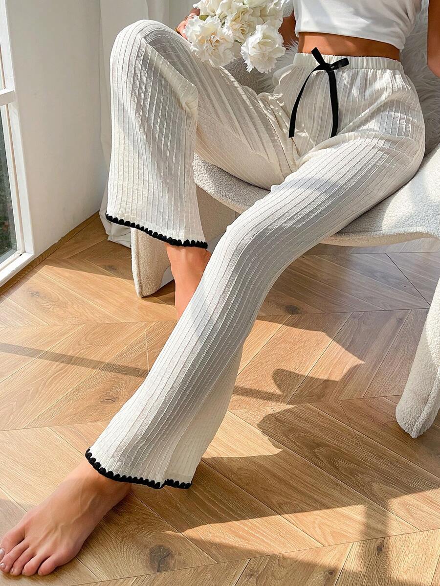 Contrast Binding Knot Waist Lounge Pants - Beige - View 1