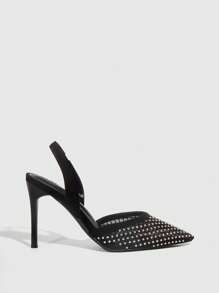 女性水鑽裝飾露跟細跟網紗魅力四射露跟鞋黑色 - 黑色 - 查看 4