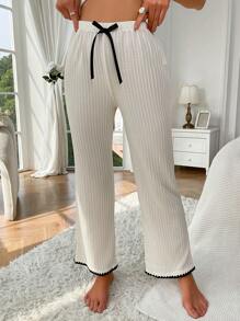 Contrast Binding Knot Waist Lounge Pants - Beige - View 3