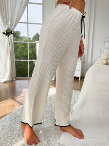 Contrast Binding Knot Waist Lounge Pants - Beige - View 4