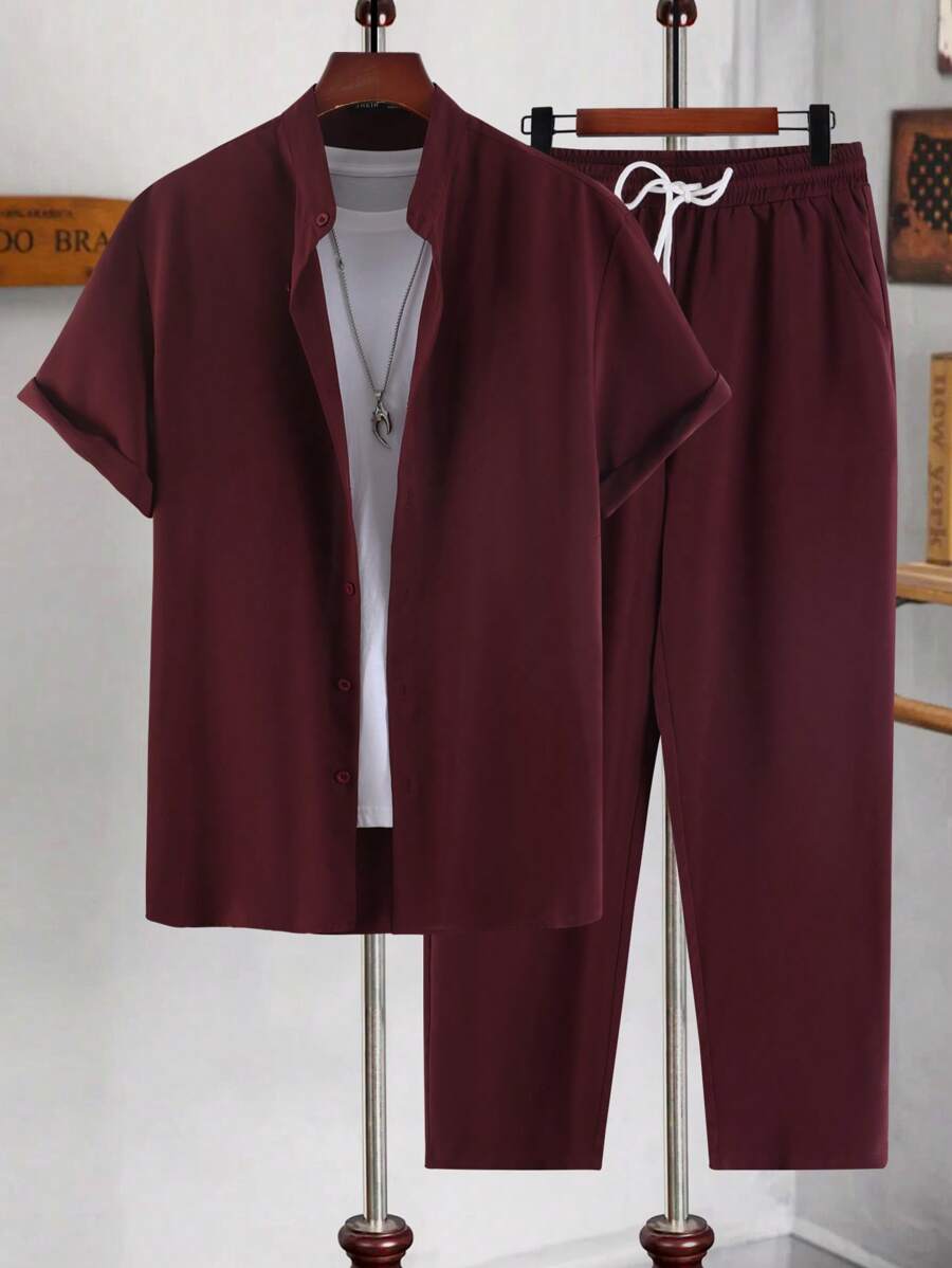 Manfinity Homme Bộ hai mảnh Nam Dây kéo Nút phía trước màu trơn Giải trí - Màu Đỏ Sâu - Xem 1