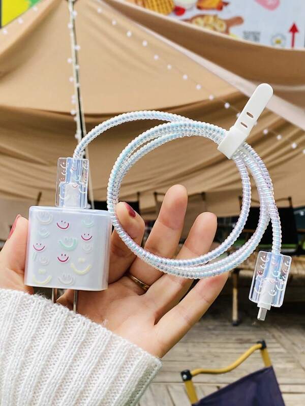 5 peças Conjunto de Protetor de Cabo de Dados com Padrão de Sorriso e Capa para Carregador Compatível com Cabo e Carregador de Carregamento Rápido de 20W da Apple