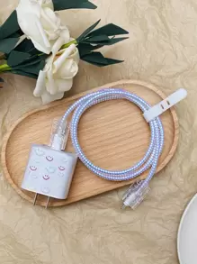 5件套笑脸图案数据线保护器和充电器头套套装兼容Apple 20W快速充电线充电器保护器 - 白色 - 查看 2