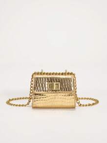 Girls Crocodile Embossed Square Bag Twist Lock Flap Chain Metallic PU Funky - Gold - View 1