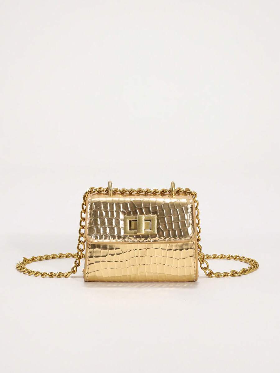Girls Crocodile Embossed Square Bag Twist Lock Flap Chain Metallic PU Funky - Gold - View 1