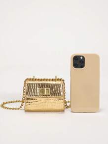 Girls Crocodile Embossed Square Bag Twist Lock Flap Chain Metallic PU Funky - Gold - View 3