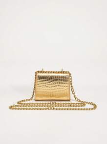 Girls Crocodile Embossed Square Bag Twist Lock Flap Chain Metallic PU Funky - Gold - View 4
