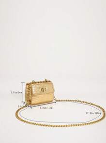 Girls Crocodile Embossed Square Bag Twist Lock Flap Chain Metallic PU Funky - Gold - View 5