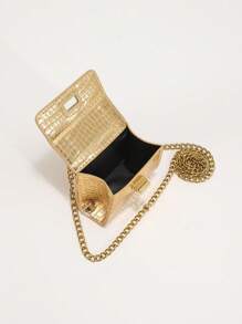 Girls Crocodile Embossed Square Bag Twist Lock Flap Chain Metallic PU Funky - Gold - View 6
