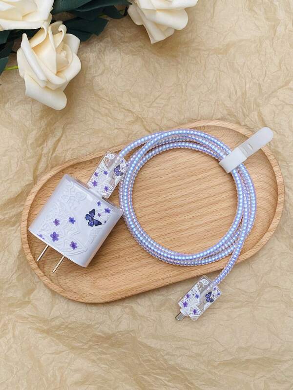 5pcs Butterfly Pattern Data Cable Protector & Charger Head Cover Set