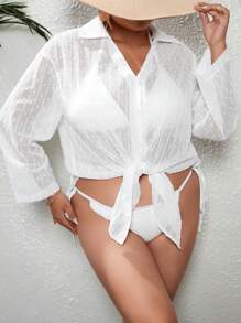 SHEIN Swim Curve 大碼圓點落肩袖和服罩衫 - 白色 - 查看 5