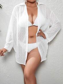 SHEIN Swim Curve 大碼圓點落肩袖和服罩衫 - 白色 - 查看 6