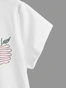 Lucky series 1 Apple Rhinestone Round Neck Tee - White - View 4