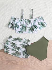年轻女孩热带印花露肩比基尼套装带沙滩裙夏季海滩 - 彩色 - 查看 2