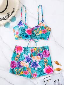 Swim Lushoire Summer Beach Floral Print Drawstring Bikini Set - Multicolor - View 4