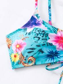 Swim Lushoire Summer Beach Floral Print Drawstring Bikini Set - Multicolor - View 6