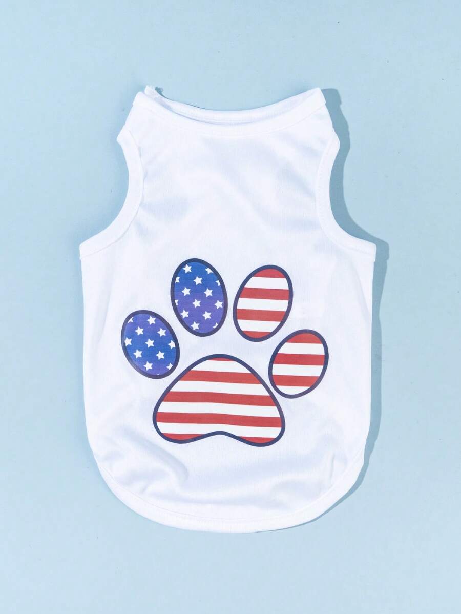 Petsin Chaleco Para Mascotas De Verano Con Estampado De Huellas De Patas Y Bandera Estadounidense, 1 Pieza - Multicolor - Ver 1