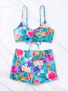 Swim Lushoire Summer Beach Floral Print Drawstring Bikini Set - Multicolor - View 7