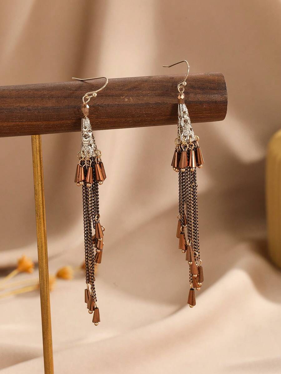水晶裝飾鏈條流蘇耳墜 - 棕色 - 查看 1