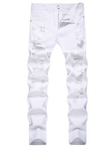 Vaqueros pitillo rasgados y deshilachados para hombres - Blanco - Ver 1