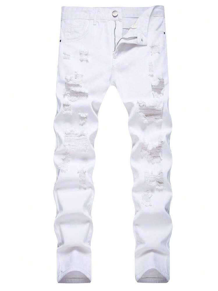 Men Ripped Frayed Skinny Jeans - White - View 1