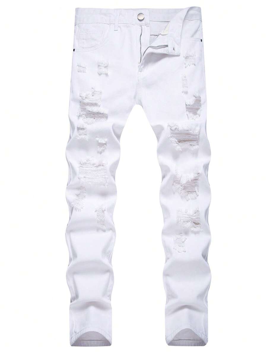 Vaqueros pitillo rasgados y deshilachados para hombres - Blanco - Ver 1