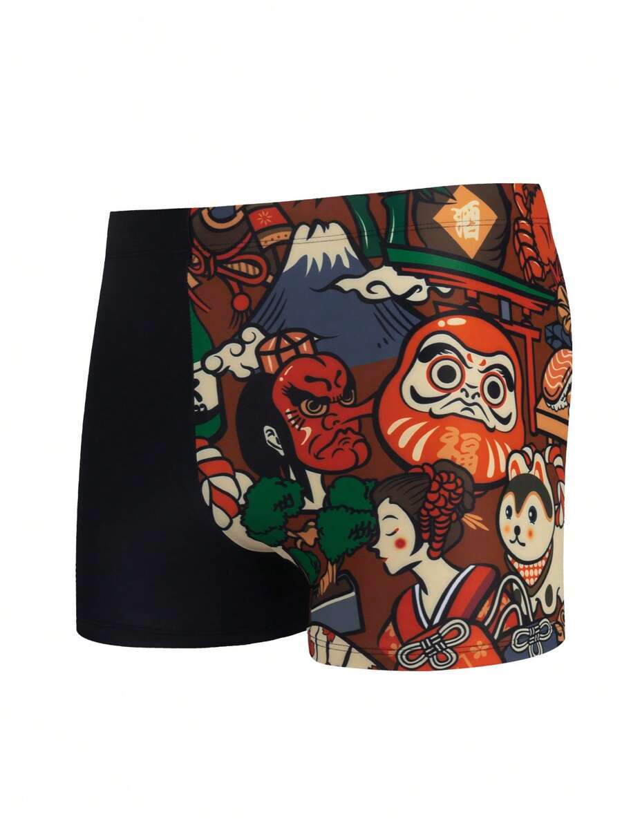 Hombres Shorts de natación con estampado de dibujos animados pierna cuadrada - Multicolor - Ver 1
