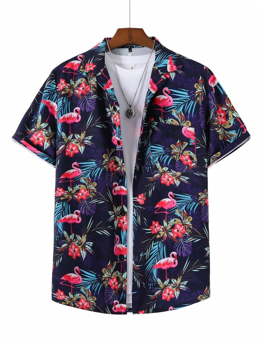 男士火烈鳥和熱帶印花襯衫