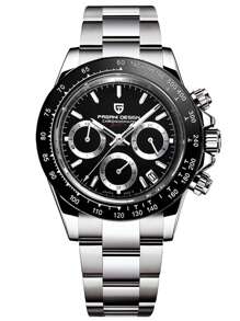 PAGANI DESIGN 1入組男士銀色不銹鋼錶帶商務防水計時圓形錶盤石英手錶適合日常裝飾 - 黑色 - 查看 1