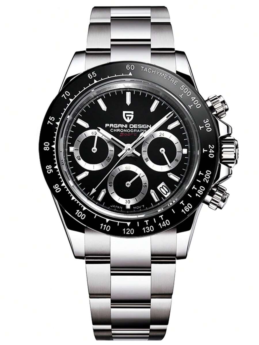 PAGANI DESIGN 1入組男士銀色不銹鋼錶帶商務防水計時圓形錶盤石英手錶適合日常裝飾 - 黑色 - 查看 1