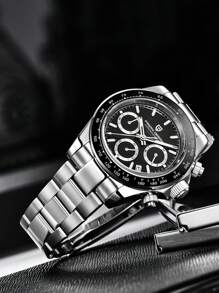 PAGANI DESIGN 1入組男士銀色不銹鋼錶帶商務防水計時圓形錶盤石英手錶適合日常裝飾 - 黑色 - 查看 2