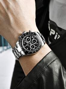 PAGANI DESIGN 1入組男士銀色不銹鋼錶帶商務防水計時圓形錶盤石英手錶適合日常裝飾 - 黑色 - 查看 3