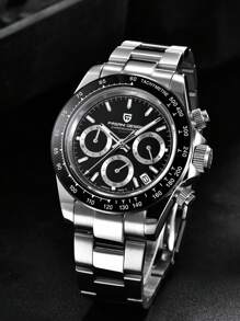 PAGANI DESIGN 1入組男士銀色不銹鋼錶帶商務防水計時圓形錶盤石英手錶適合日常裝飾 - 黑色 - 查看 4