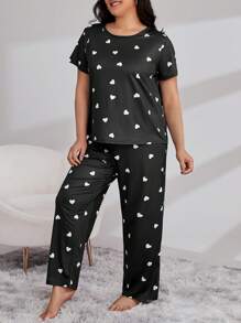 Plus Heart Print PJ Set / Pajama Set - Black - View 4