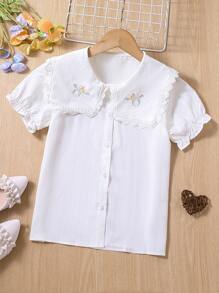 SHEIN Áo cánh Gái Tương phản ren Thêu Nút phía trước Hoa Dễ thương - trắng - Xem 1