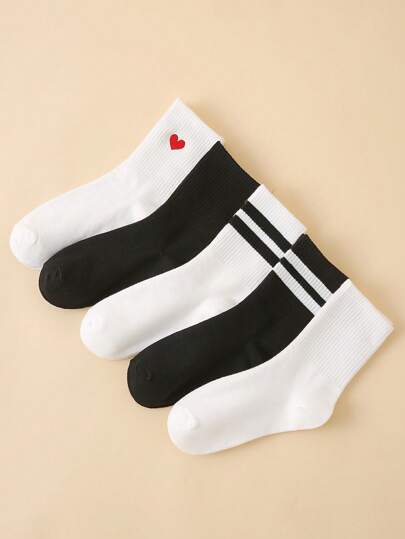 5雙女式心形和條紋圖案百搭圓襪適合日常生活
