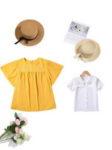 SHEIN Áo cánh Gái Tương phản ren Thêu Nút phía trước Hoa Dễ thương - trắng - Xem 6