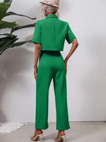 SHEIN Frenchy 西裝領雙排釦西裝外套和拼接細節長褲 - 綠色 - 查看 2