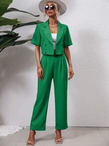 SHEIN Frenchy 西裝領雙排釦西裝外套和拼接細節長褲 - 綠色 - 查看 3