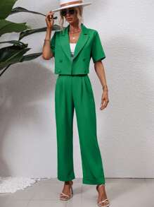 SHEIN Frenchy 西裝領雙排釦西裝外套和拼接細節長褲 - 綠色 - 查看 5