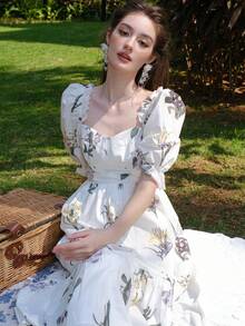 印花雞心領口泡泡袖荷葉邊連衣裙 - 白色 - 查看 6