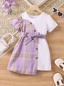 Đầm bé gái Bất đối xứng Cắt ra Khối Màu Sọc ca rô Giải trí - Nhiều màu - Xem 1