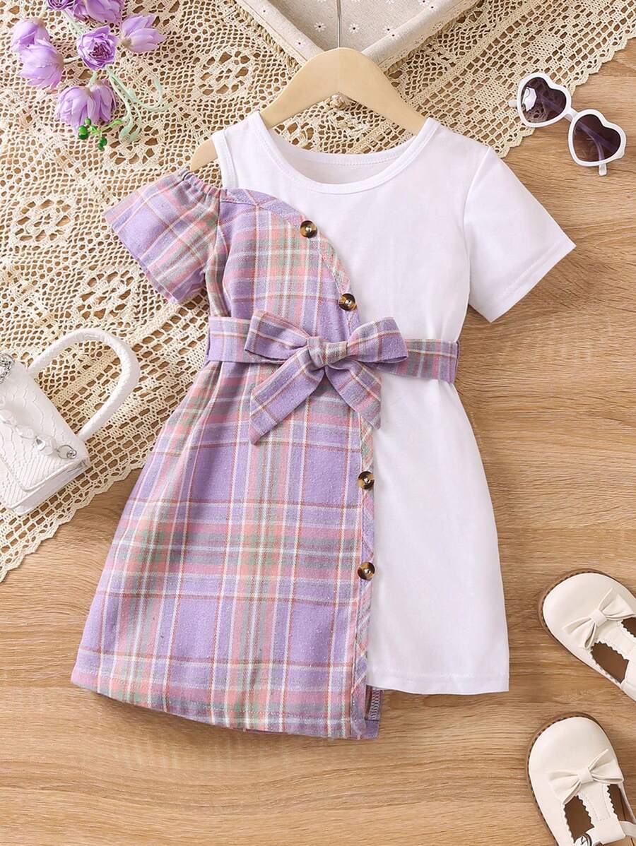 Đầm bé gái Bất đối xứng Cắt ra Khối Màu Sọc ca rô Giải trí - Nhiều màu - Xem 1