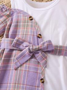 Đầm bé gái Bất đối xứng Cắt ra Khối Màu Sọc ca rô Giải trí - Nhiều màu - Xem 6