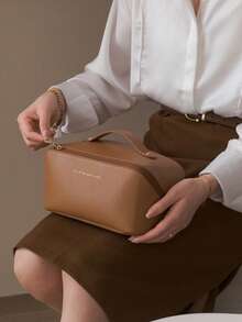 1pc Solid Color Makeup Bag, Portable Cosmetic Storage Bag For Home, Outdoor - Coffee Brown - View 2