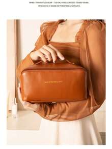 1pc Solid Color Makeup Bag, Portable Cosmetic Storage Bag For Home, Outdoor - Coffee Brown - View 4