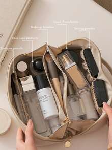 1pc Solid Color Makeup Bag, Portable Cosmetic Storage Bag For Home, Outdoor - Coffee Brown - View 6