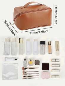 1pc Solid Color Makeup Bag, Portable Cosmetic Storage Bag For Home, Outdoor - Coffee Brown - View 7