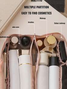 1pc Solid Color Makeup Bag, Portable Cosmetic Storage Bag For Home, Outdoor - Coffee Brown - View 8